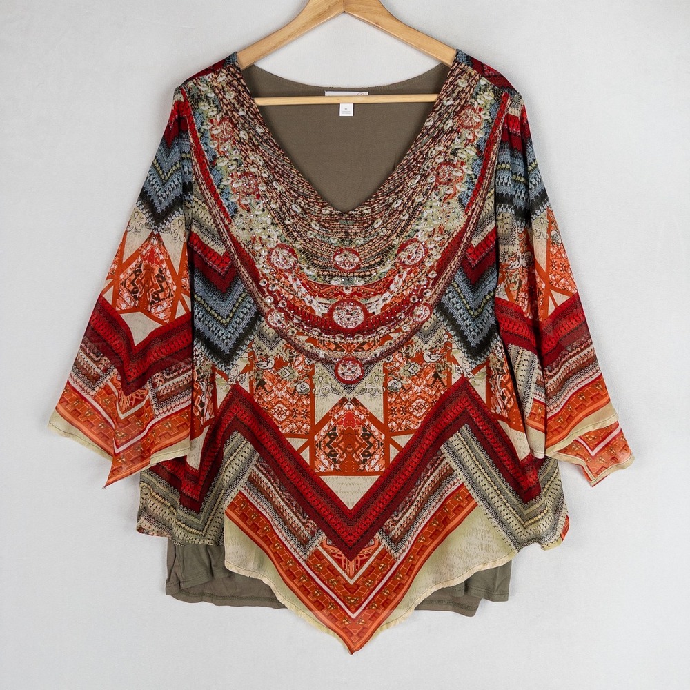 Westport 1962 Womens Top Blouse XL Red Olive Geometric Rhinestone Boho Chic